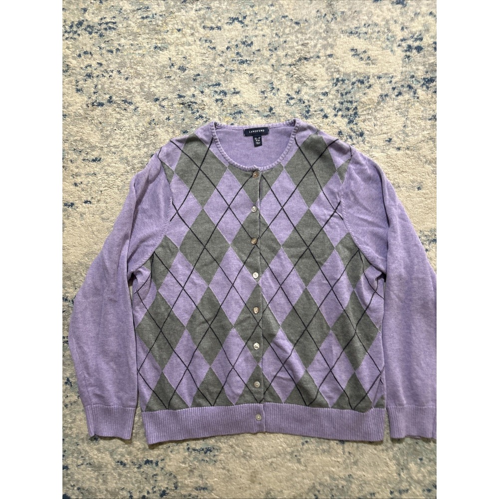 Lands End Woman's Purple Gray Argyle Knit Button-Front Cardigan Sweater XL EUC